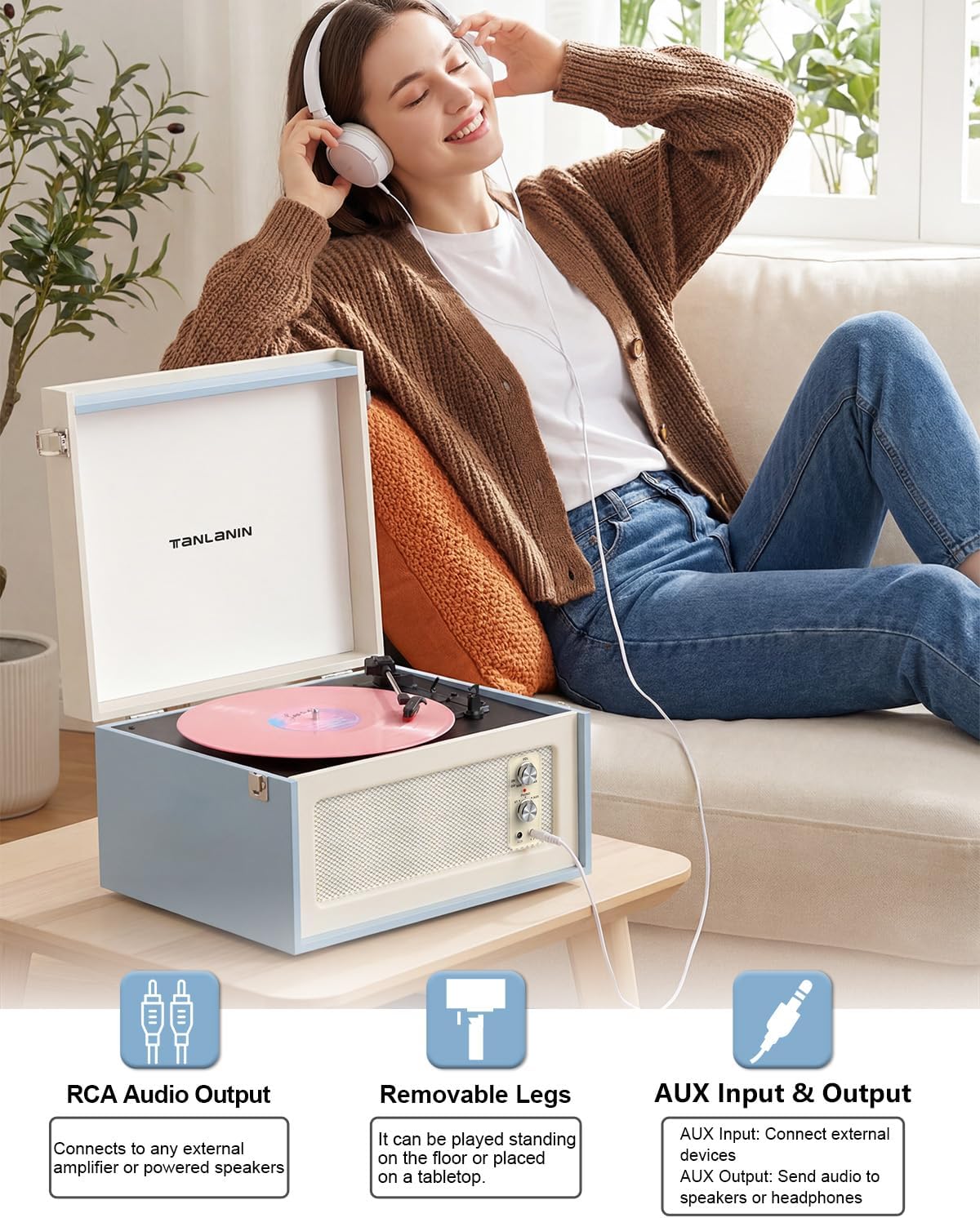 Vintage Standing Blue Vinyl Record Player with Detachable Legs, Built-in 4 Speakers, USB to PC Encoding, 33/45/78 RPM LP Player Bluetooth Retro Turntables Support Headphone Jack, RCA Out, AUX in