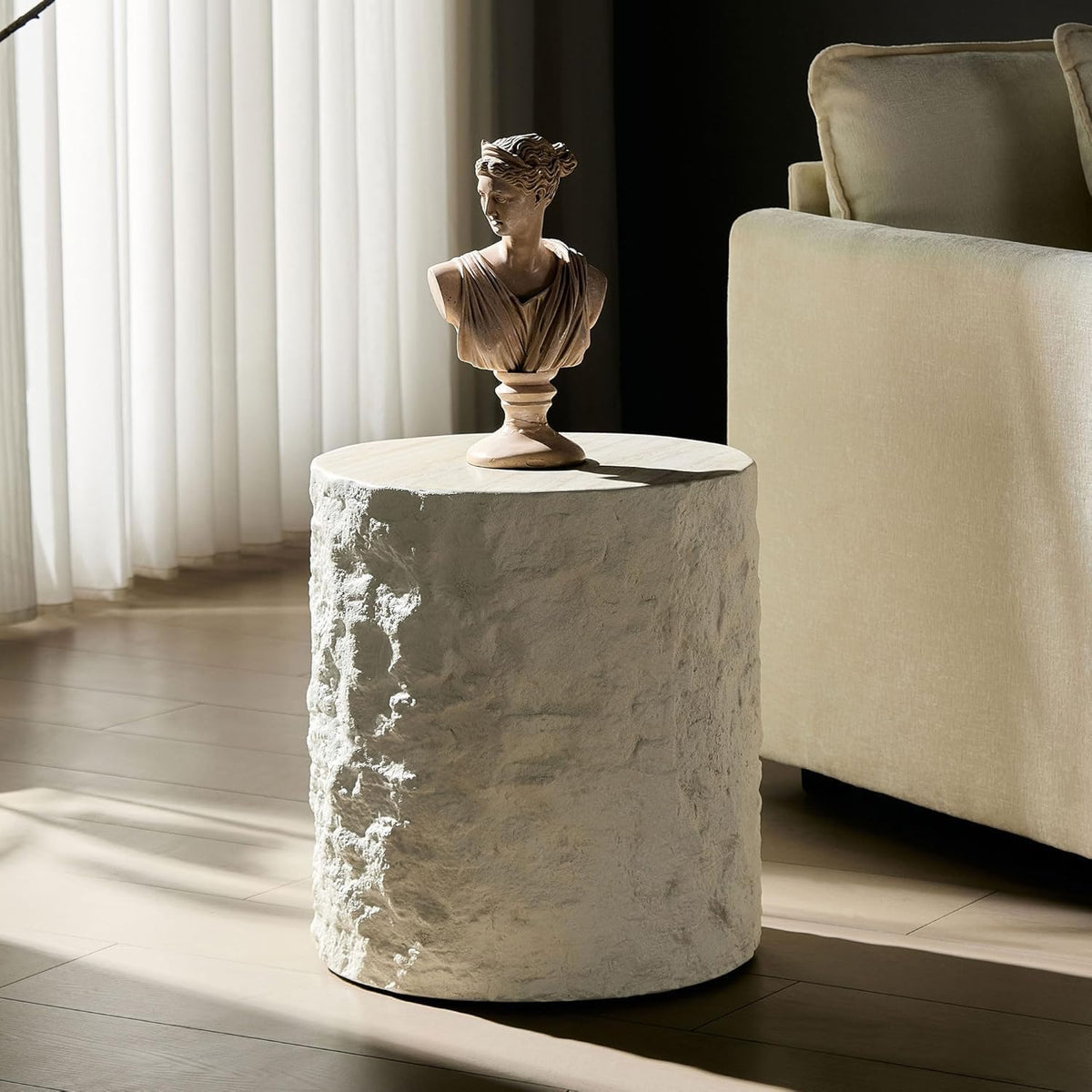 15.75' Round Coffee Table for Living Room, Fiberglass Circle Center Table, Stone Minimalist Side Table, Accent End Table for Bedroom, Apartment, Office, No Need Assembly, Beige