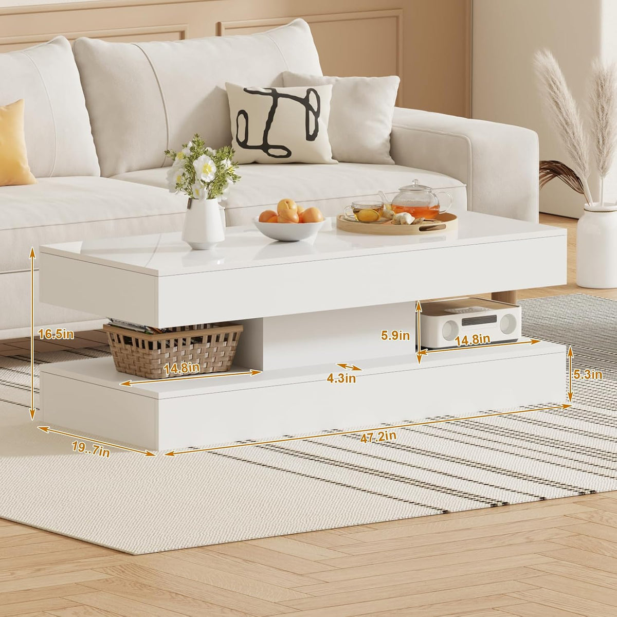 47.2 Inch Coffee Table with LED Lights, Modern High-Gloss Open Shelf Design, 2-Tier Floating Center Table with Illumination, Large LED Coffee Table for Living Room (Pur White)