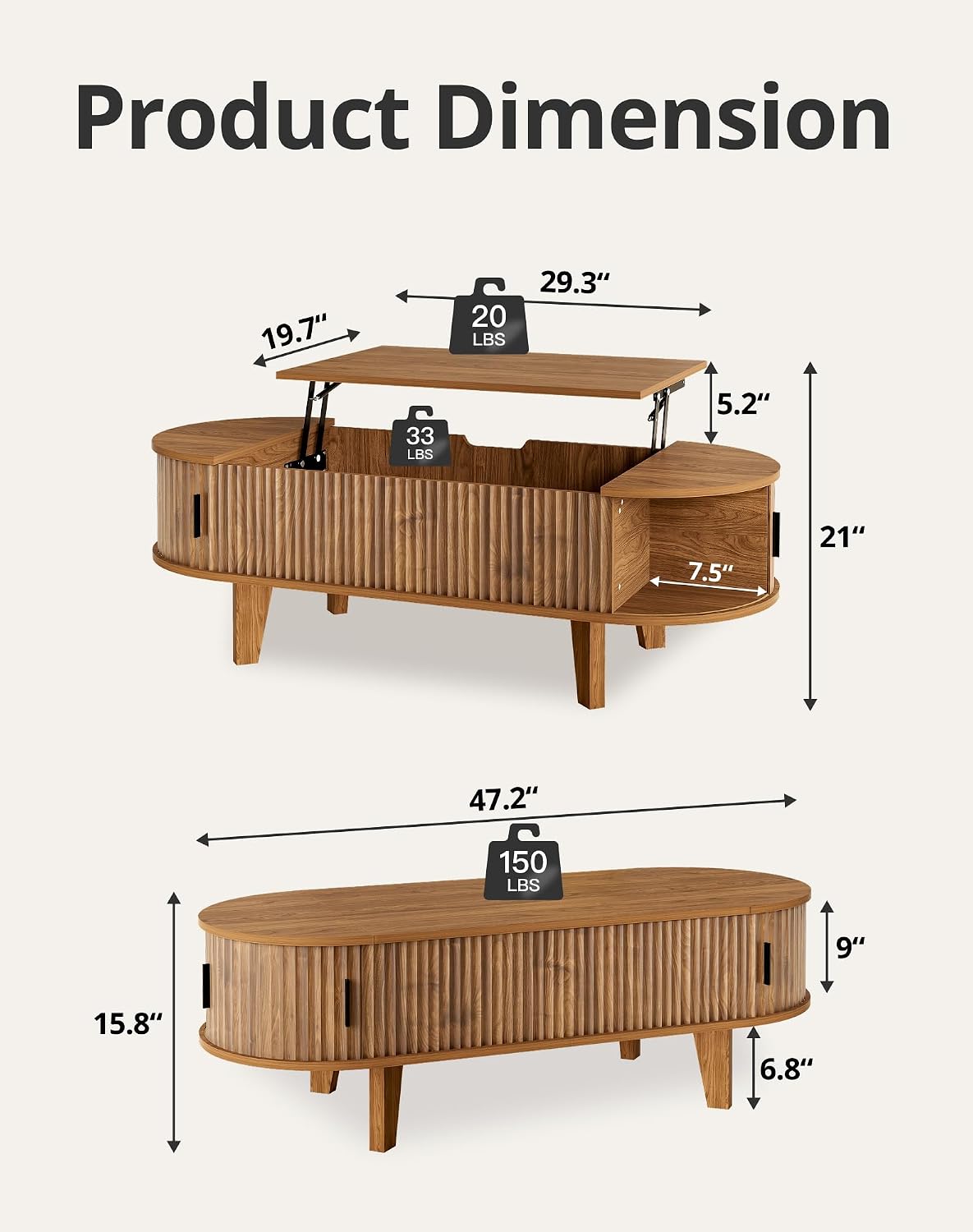 47.2' Oval Coffee Table with Storage, Lift Top Coffee Table for Living Room, Modern Wood Fluted Center Table with 180° Sliding Tambour Door