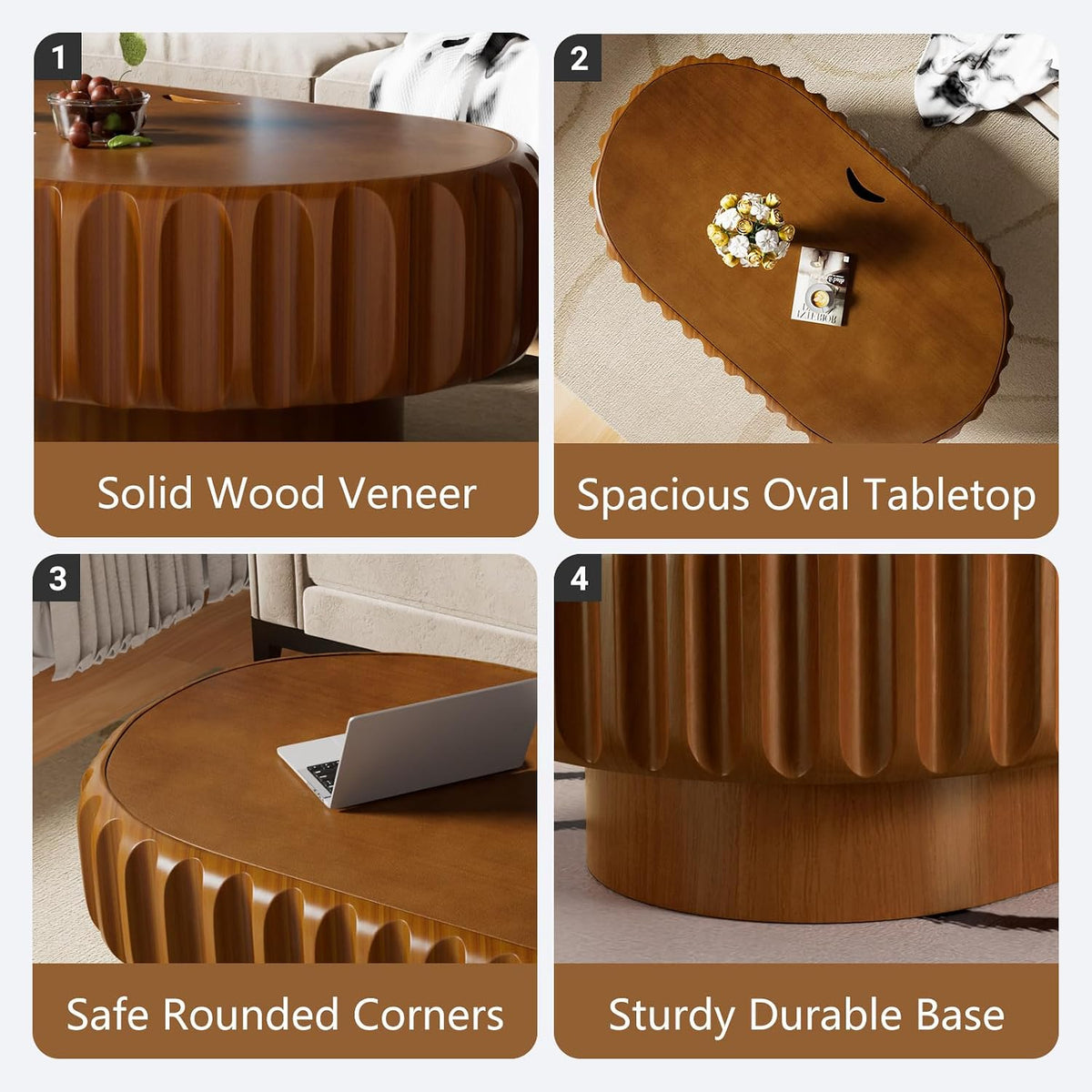 43.3'' Oval Coffee Table with Storage Modern Fluted Drum Coffee Tables with Solid Wood Veneered, Accent Center Table Tea Table for Living Room, Apartment, Home, Office (Brown Oval43.3)
