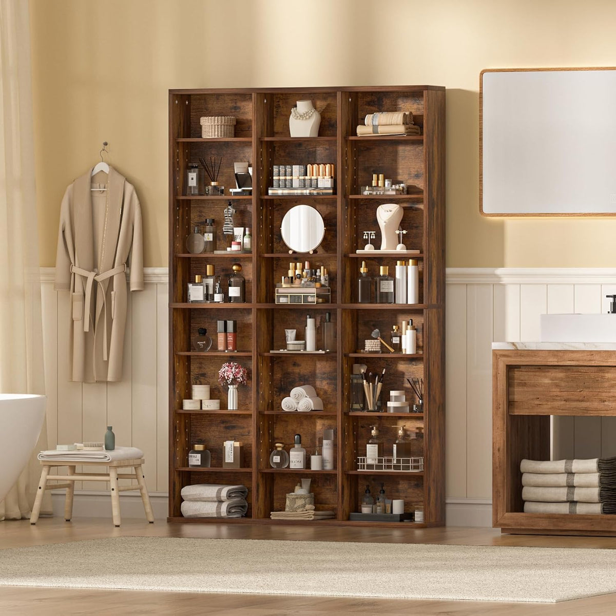 LELELINKY 8 Tier Tall Display Cabinet, Brown Media Storage Cabinet with Adjustable Shelves, Free Standing DVD Organizer Shelf, Floor Multimedia Storage Manga Bookshelf for Living Room & Home Office.