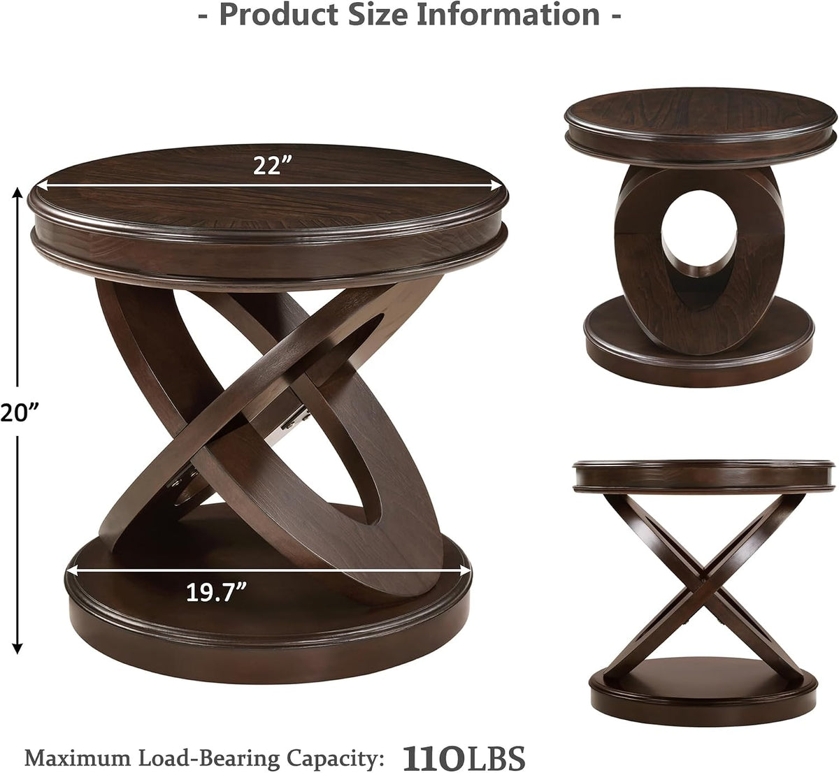 Retro Round End Table 22-Inch Wooden Bedside Sofa Side Table Accent Furniture with X-Shape Base for Living Room Bedroom, Espresso