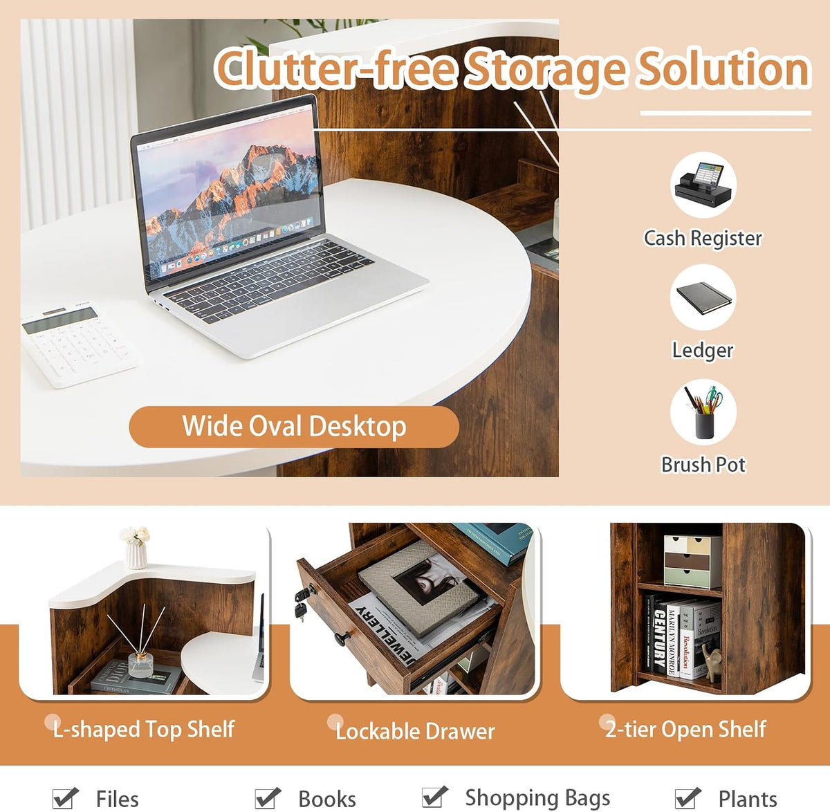 Reception Desk, Small Retail Checkout Counter with Lockable Drawer and Open Shelves, Wooden Front Desk Reception Counter, Oval Desktop & L Counter for Store Office Lobby Salon (Brown)