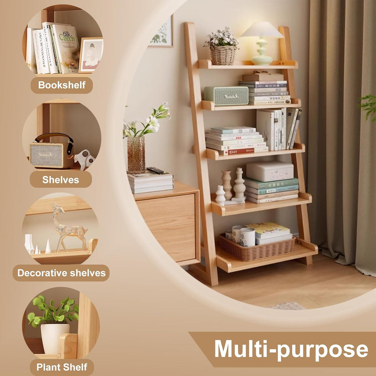 Ladder Shelf Bookcase, 5 Tier Wooden Ladder Bookshelf Space-Saving, Freestanding Storage Rack Organizer for Living Room, Home Office and Bedroom, Wood Color