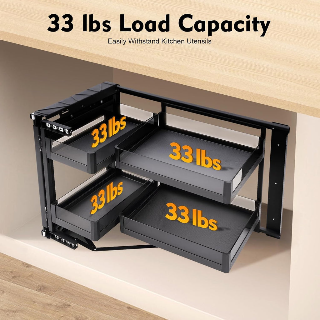Blind Corner Cabinet Pull Out Organizer 2 Tier with 4 Detachable Shelves Magic Pull Out Deep Corner Cabinet Organizer Narrow Blind Cabinet Pull Out (Aluminum, Left/Right Open)