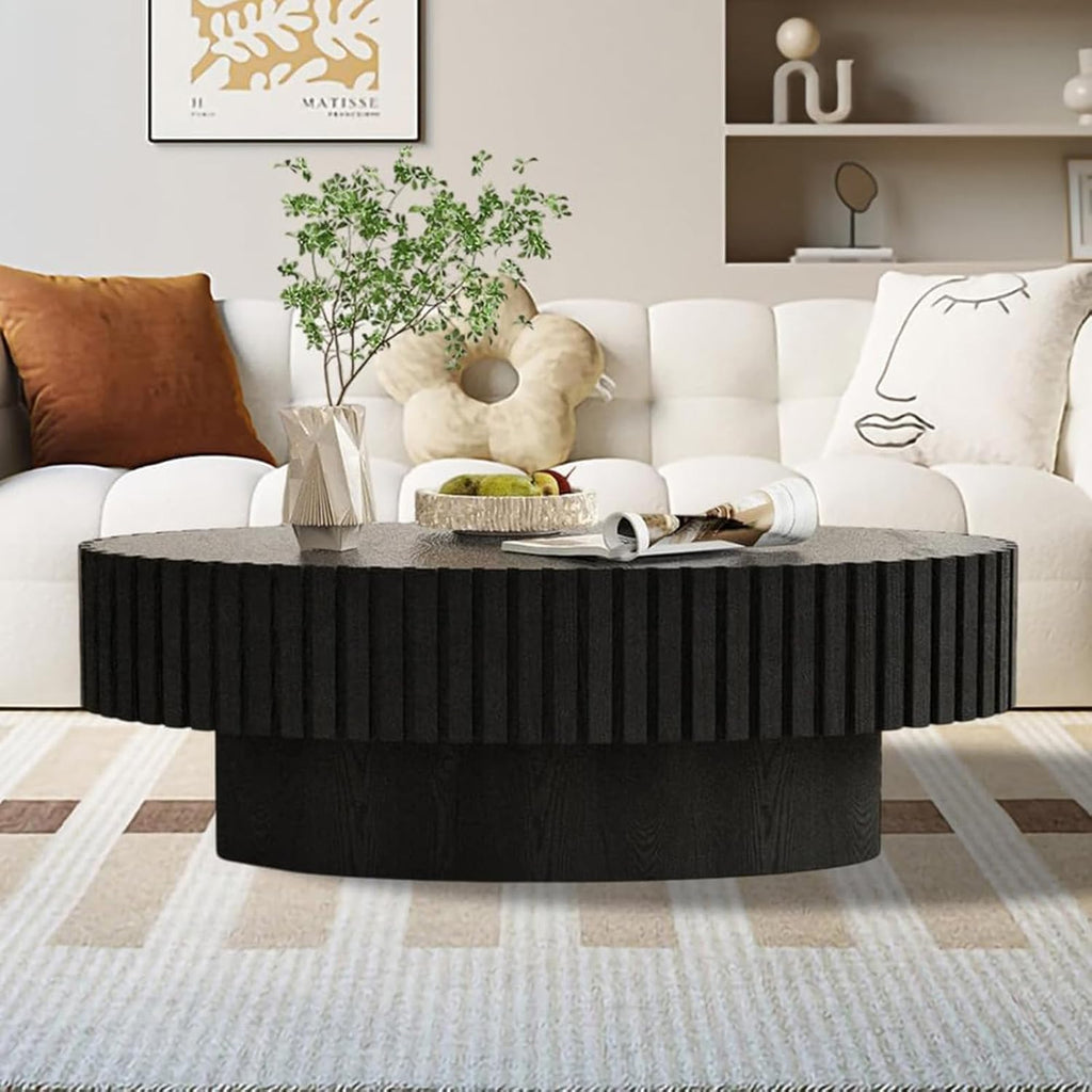 43.3' Oval Drum Fluted Coffee Table for Living Room Modern Oval Coffee Table with Pedestal Center Tables Fluted Accent Tea Tables for Apartment Living Room (E)