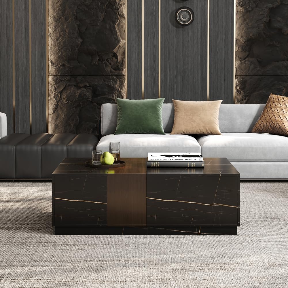 homary Marble & Walnut Coffee Table – Modern Block Design Living Room Center Table with 2 Storage Drawers, White Marble Veneer & Walnut Wood Veneer, Sturdy Base & Smooth Quiet Rails (Black)
