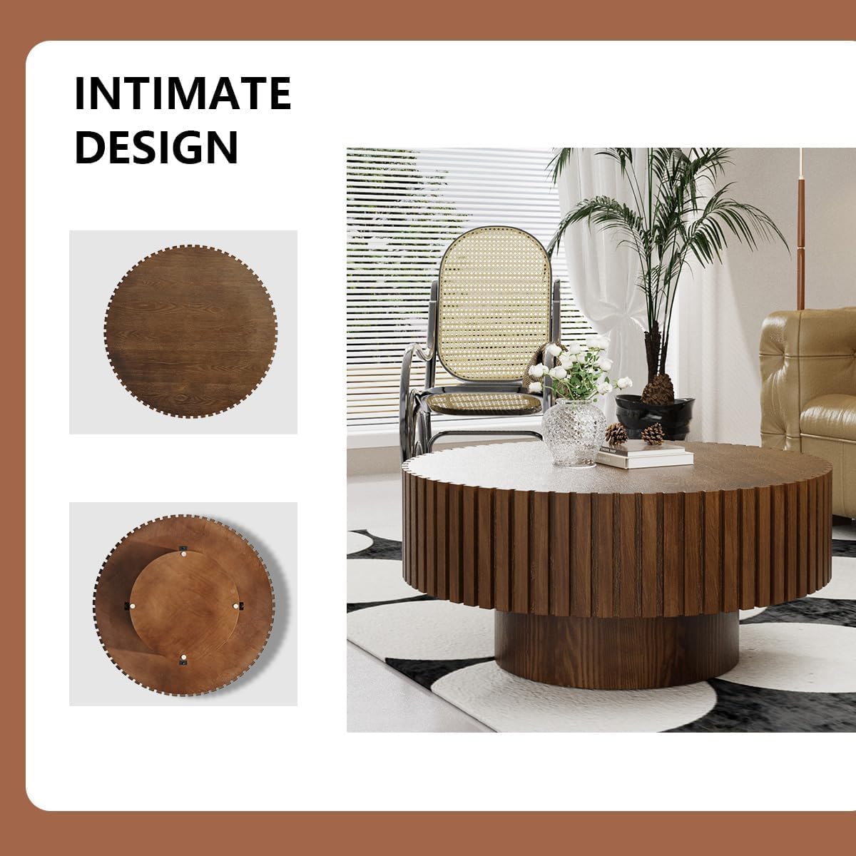WXFKLDJ Round Drum Coffee Table Brown Fluted Coffee Table Wood Circle Center Table Pedestal End Table for Apartment Living Room (Dark Brown Round)