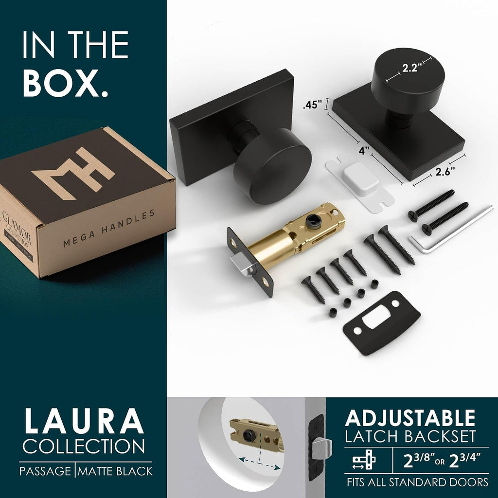 Mega Handles Laura Passage Door Knobs - 3 Pack Reversible Interior Door Knobs, Heavy Duty Matte Black Door Knob for Closet & Hallway, No Lock, Fits All Standard Door Sizes - Matte Black