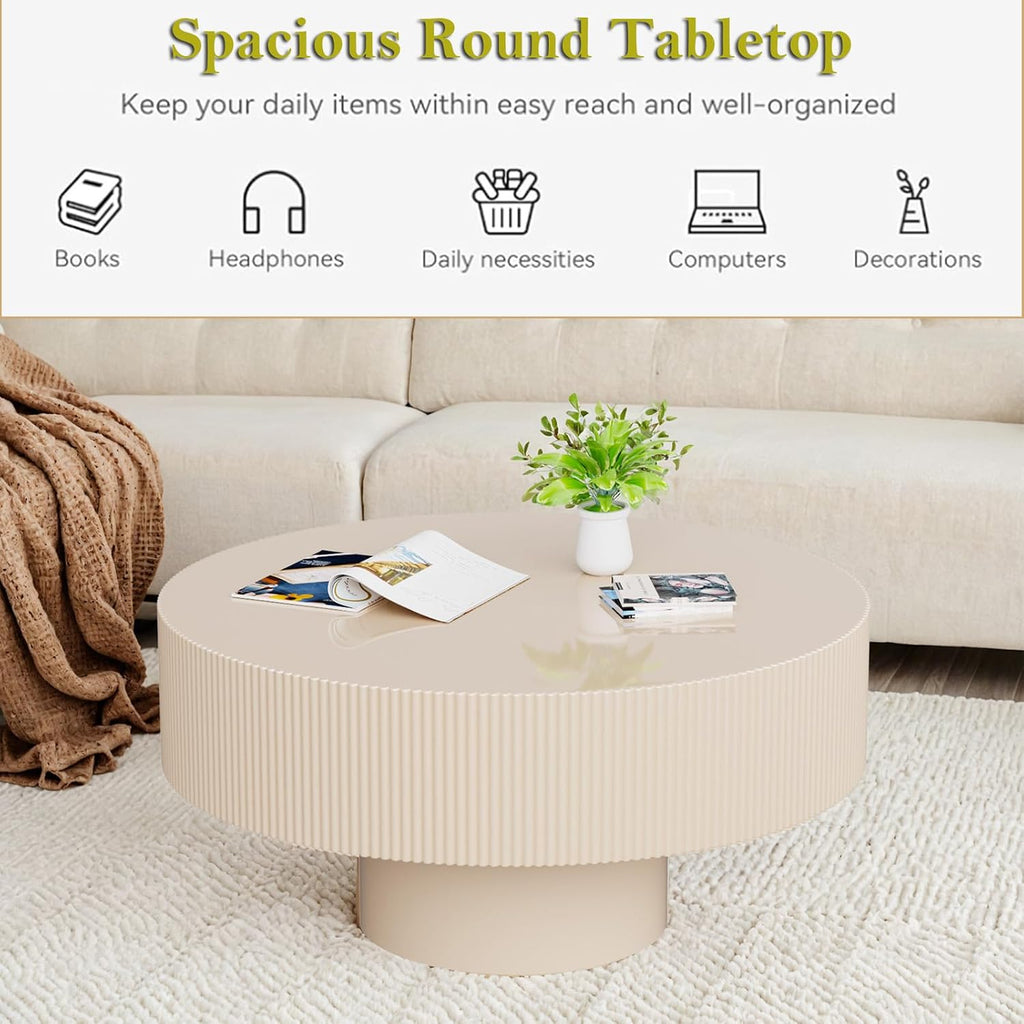 Round Drum Coffee Table 30.9'' Handcraft White Fluted Coffee Table with Sturdy Pedestal, Contemporary Style Small Accent Cocktail Center Tables for Living Room Office (C30.9in)