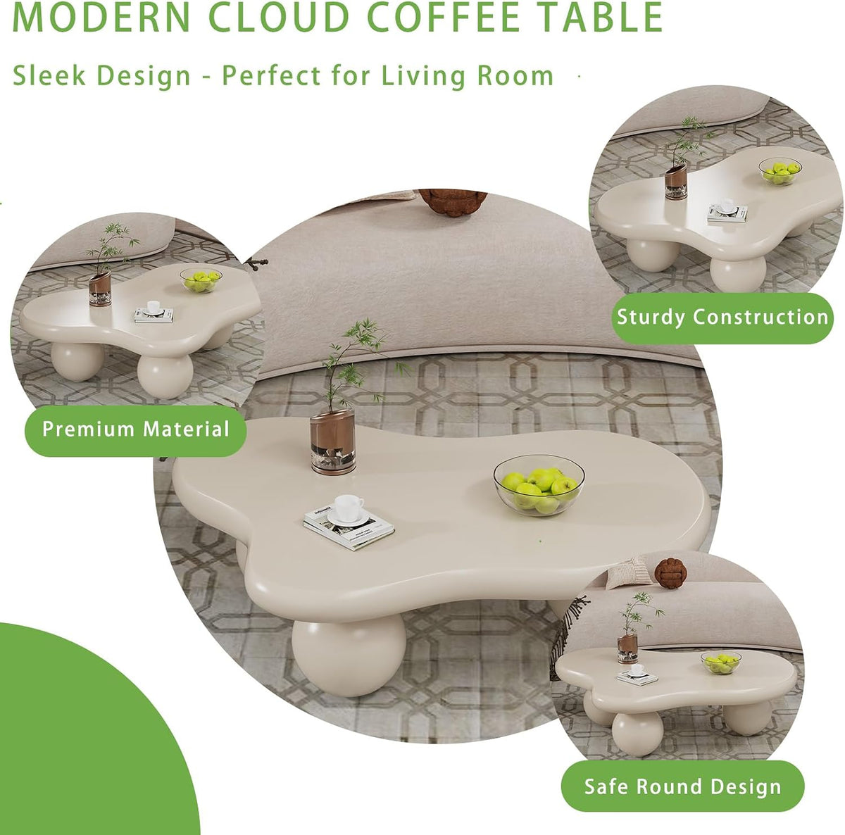 Cloud Coffee Table, Cute Irregular Coffee/Tea Table with Large Tabletop, Accent Cocktail Table, Cloud Shape Modern Coffee Table for Living Room, Office, Home Dec (D White 46.06in)