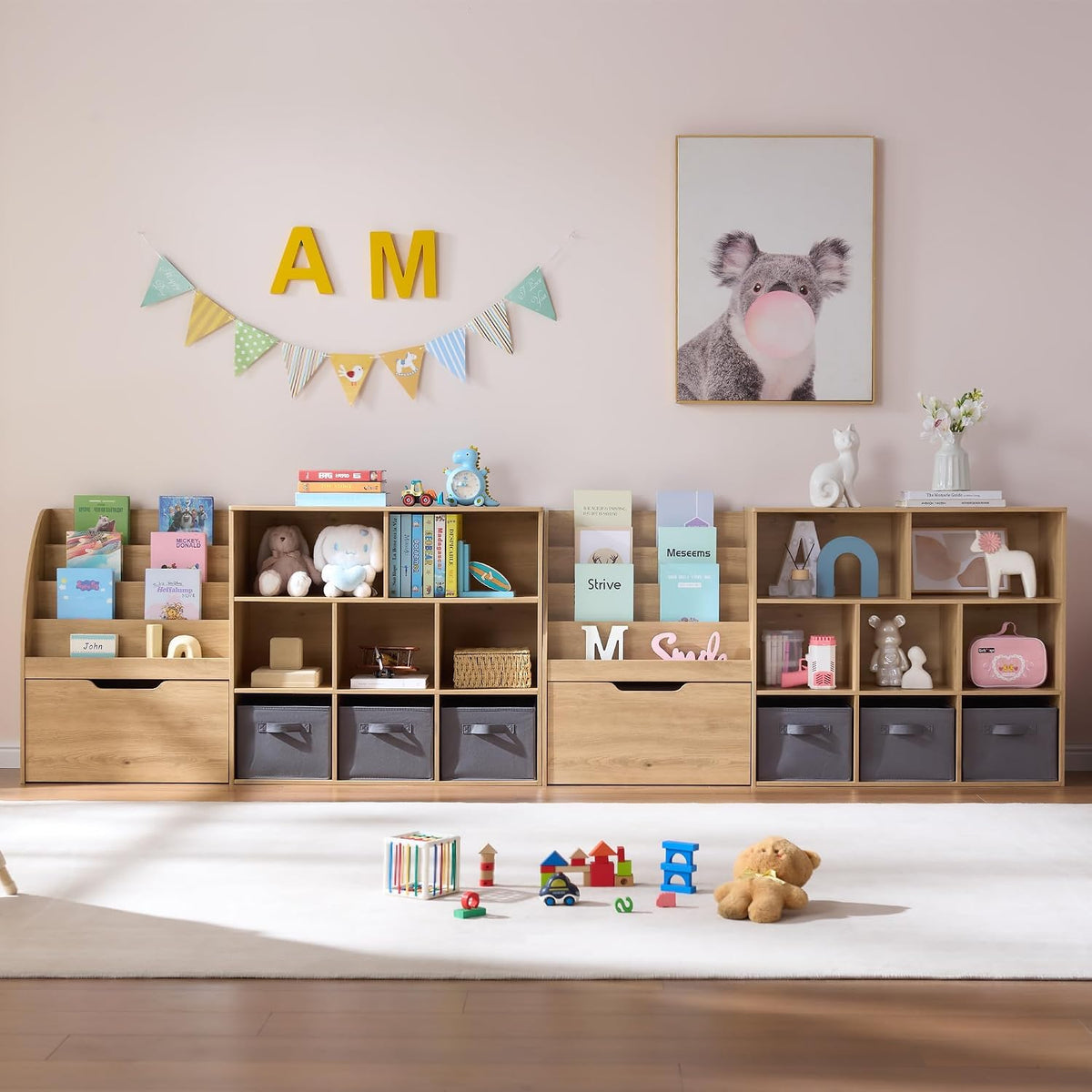 Fatmok 2 Pack Kids Bookcase, 58.5 Inch Wooden Storage Organizer with Reading Nook, Front Facing Book Rack, 5 Cubbies & Detachable Toy Bins, Storage Cabinet for Playroom, Nursery, Kids Bedroom