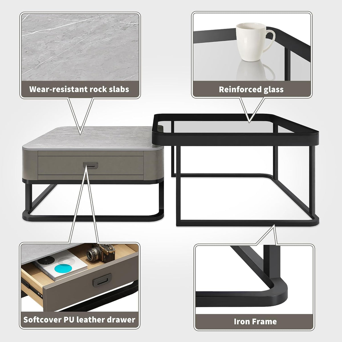 Square Coffee Table Set of 2, Nesting Table End Table, Modern Side Table for Living Room, Office, Bedroom, Grey