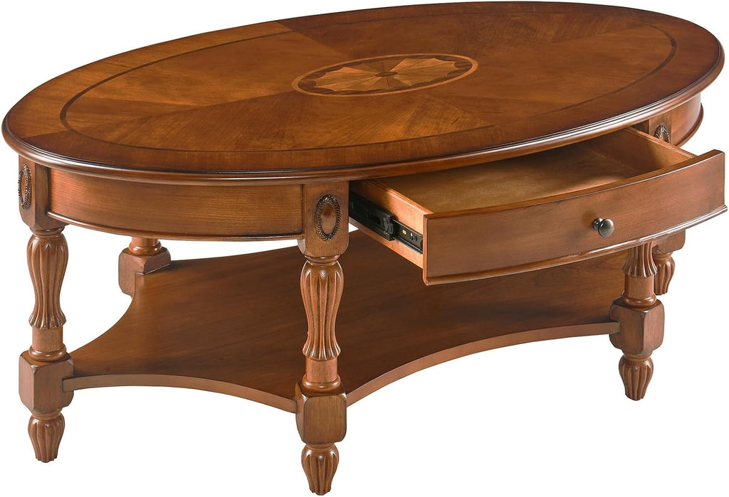 Solid Wood Oval Coffee Table with Drawer, Patterned Top and Vintage Carved Edge, 45' x 18' Center Table in Caramel Brown for Living Room