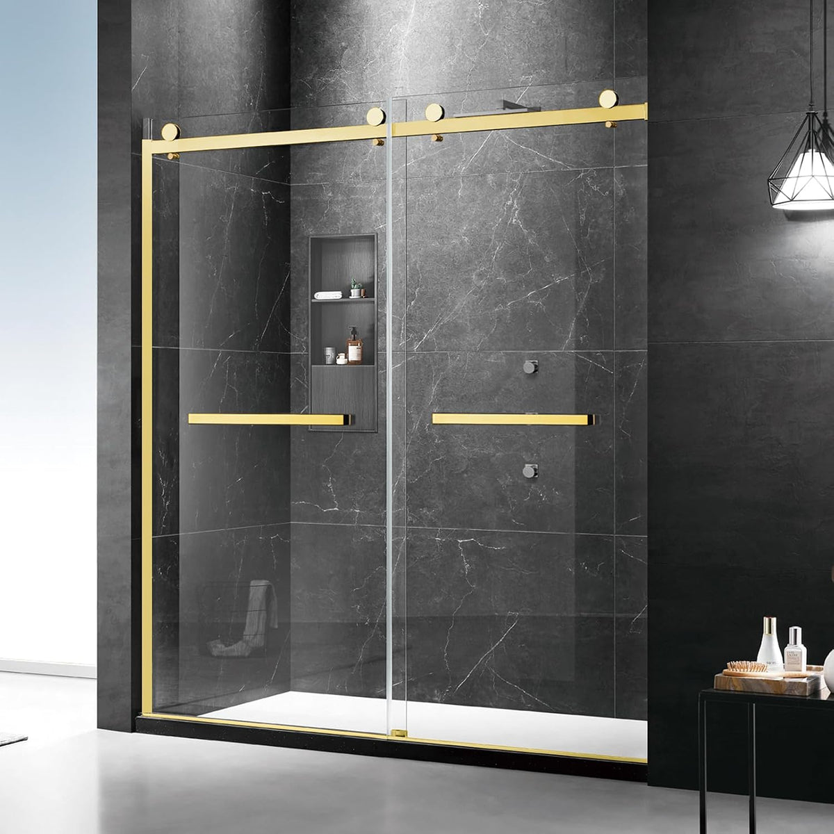 Milano Double Sliding Shower Door, 60 in.W x 74 in.H Framed Shower Door 5/16'(8mm) Clear Tempered Glass, 18 inch Pull Handle, Stainless Steel Hardware, Brushed Gold Finished