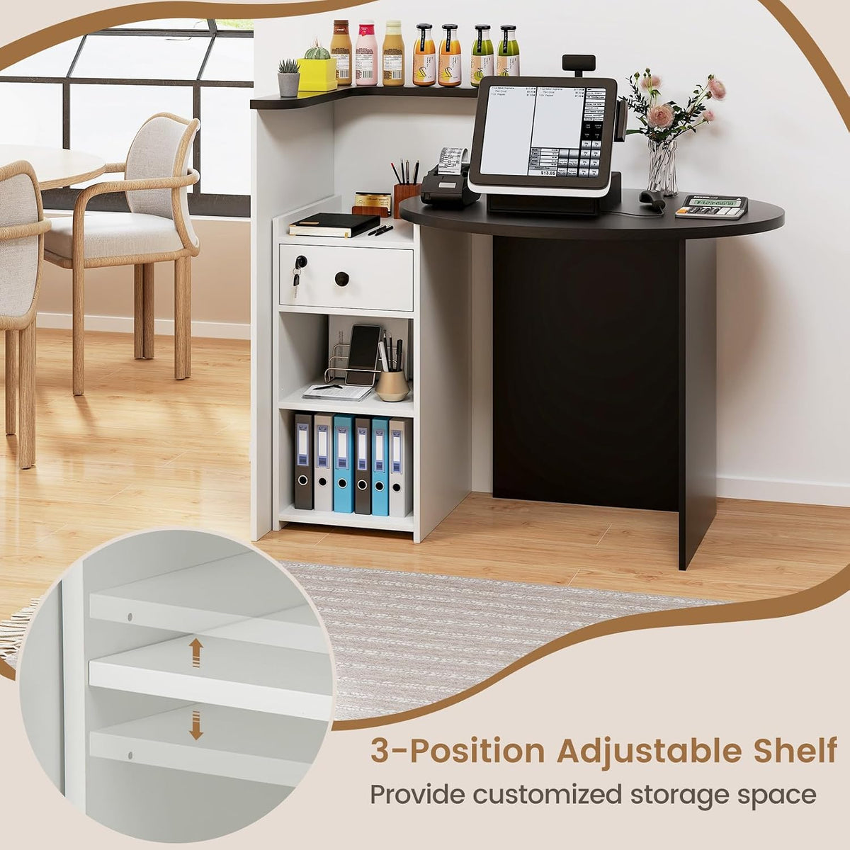 Reception Desk, Small Retail Checkout Counter with Lockable Drawer and Open Shelves, Wooden Computer Workstation for Home Office Lobby, White Oval Desktop & Black Counter