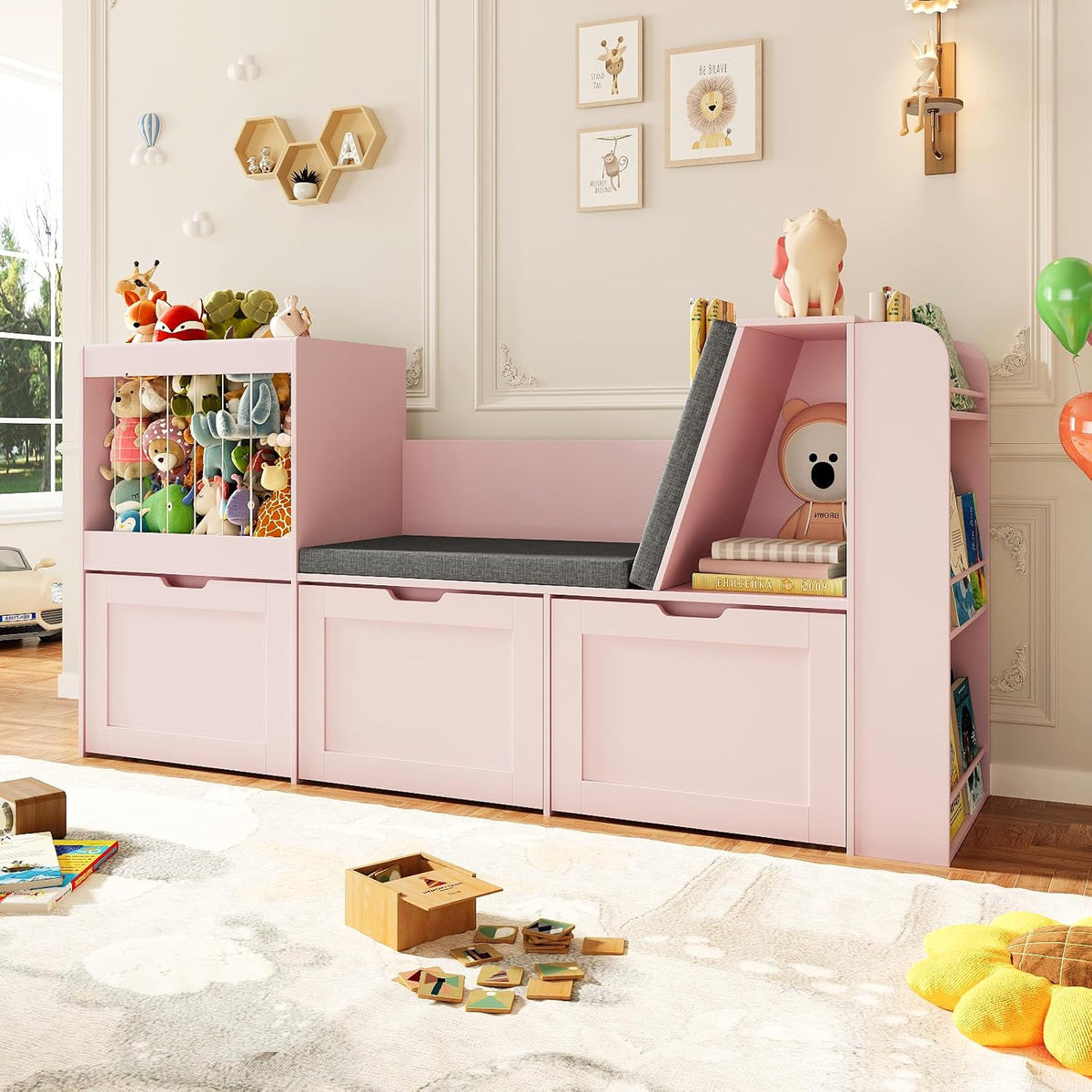 66.9' Kids Reading Nook, Toy Storage Organizer with Stuffed Animal Storage, Bench and Removable Cushions, Wooden Toddler Bookshelf with 3 Movable Drawers for Nursery, Playroom (Pink)