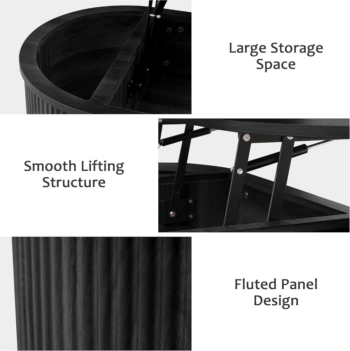 ORRD Lift Top Coffee Table, Fluted Coffee Table with Lifting Top, Wooden Lift Up Dining Table with Hidden Compartment, Center Table for Living Room, Office - Black