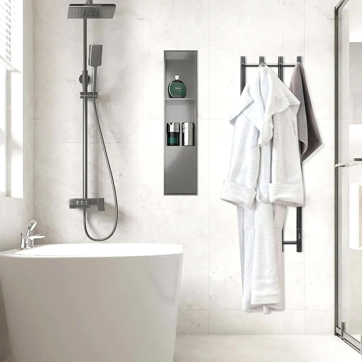 KEG Towel Warmer Wall Mounted 43-Inch Four Towel Bar with Built-in Timer, Electric Stainless Steel Heated Towel Racks for Bathroom, Matte Black
