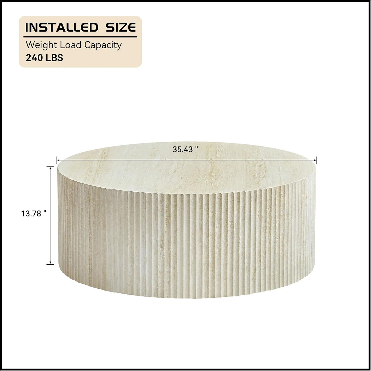 Round Coffee Table for Living Room, Circle Center Table Moder Faux Travertine Pattern Table with Relief Design for Apartment (35.43', MDF, No Assembly)