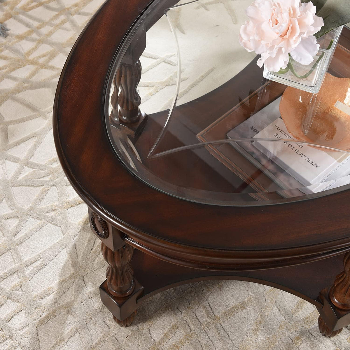 Solid Wood Oval Coffee Table with Tempered Glass Top, Vintage Carved Edge Center Table, 45' x 18', Cherry Walnut Finish for Living Room