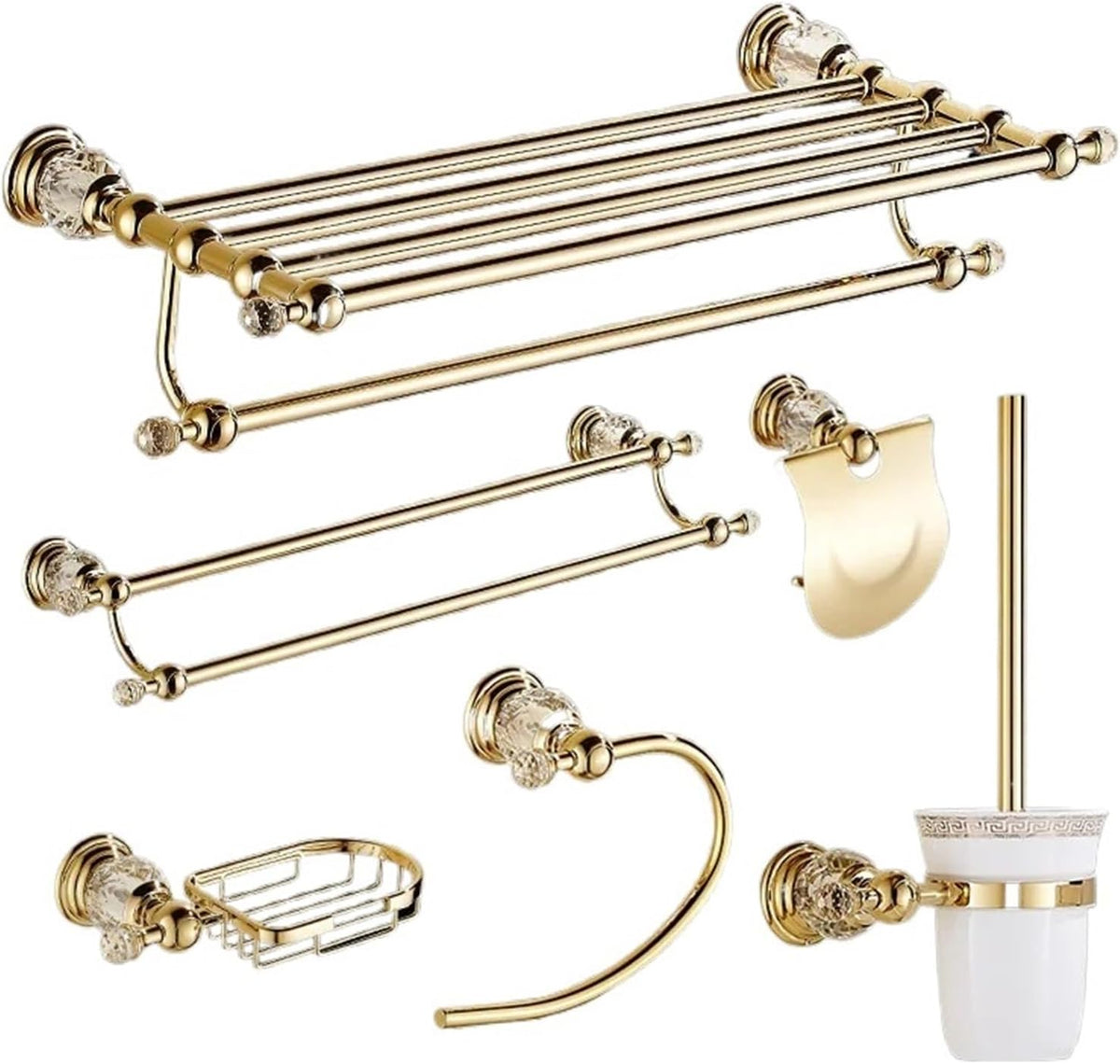 Shower Shelf Toilet Paper Holder Golden Crystal Wall Mounted Towel Bar Bathroom Accessories Set(Movable Three-bar)