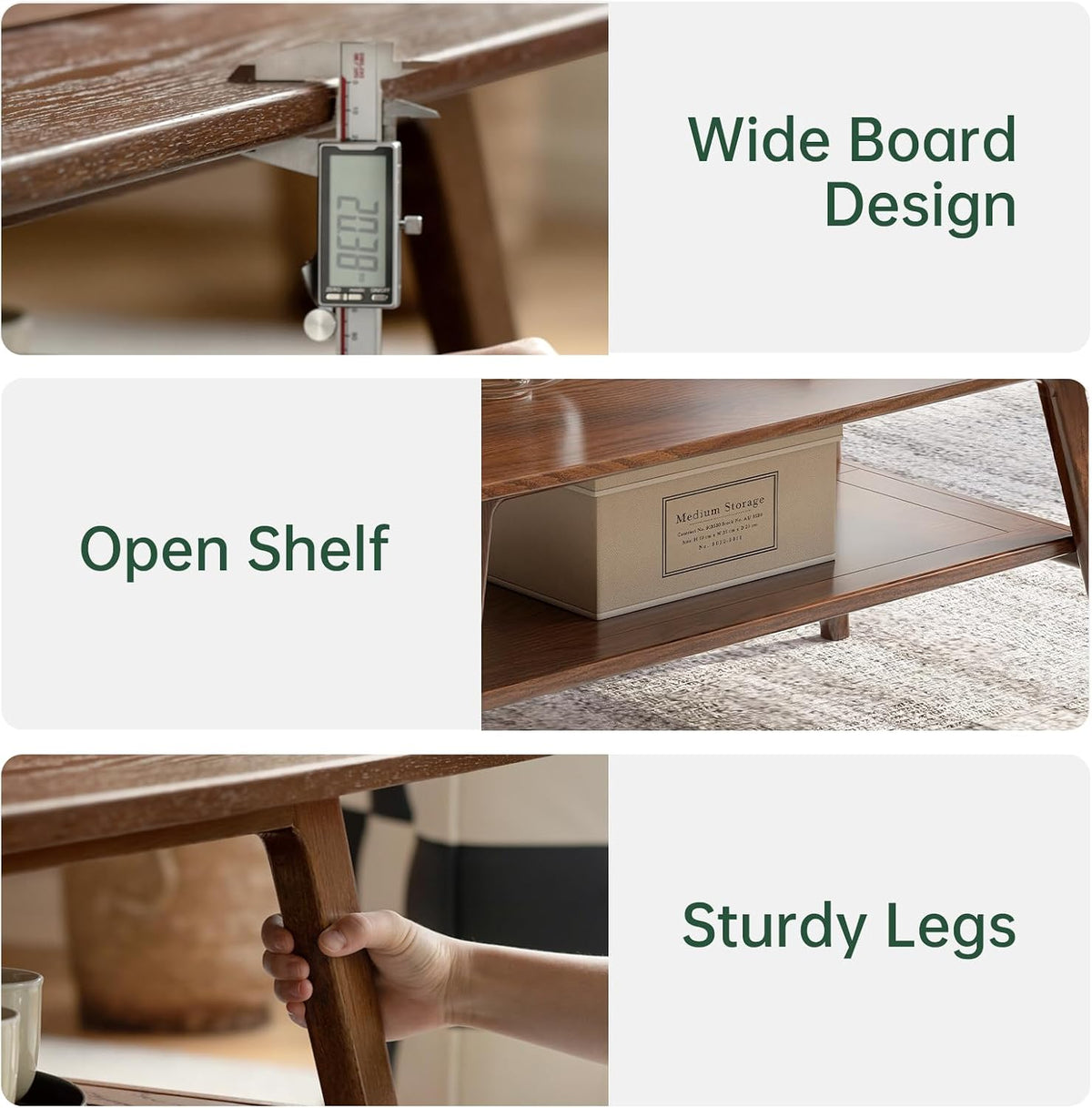 100% Solid Oak Wood Coffee Table for Living Room, 2-Tier Small Table with Storage Shelf, Mid Century Modern Coffee Tables (Walnut, 31.49' x 19.68' x 17.32')