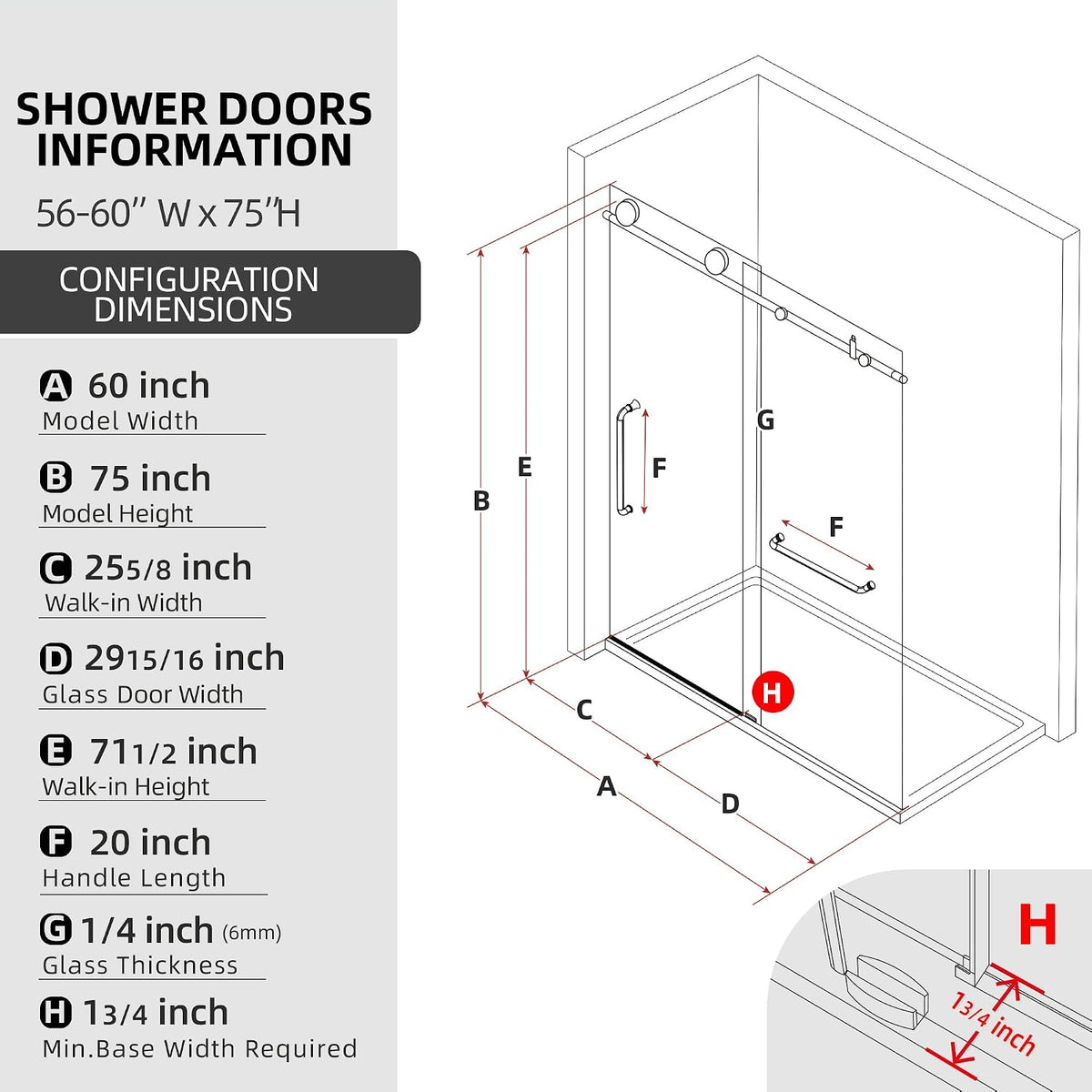 Frameless Shower Door Matte Black 56-60'' W x 75'' H Single Sliding Shower Glass Doors for Bathroom 1/4 inch Easy Clean Clear Glass Door for Walk-in Shower Low Threshold with Stainless Steel Hardware