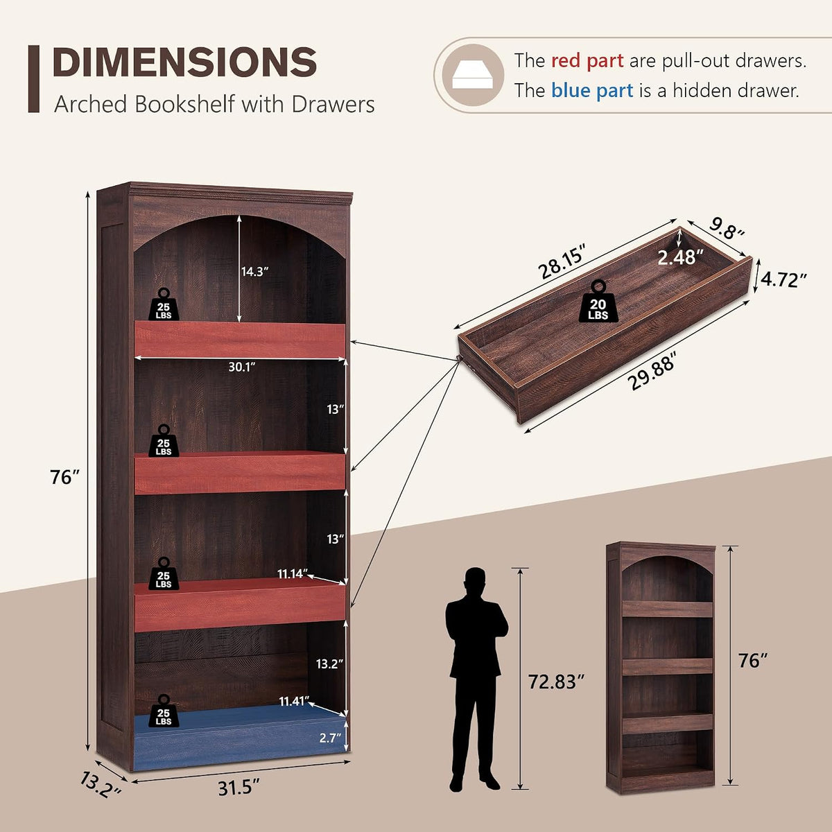 IFGET 76' Tall Arched Bookcase with 1PC Magnetic Lock Drawer, Modern Wooden Arch Bookshelf w/3 Pull-Out Drawers, Farmhouse 4 Tiers Book Shelf w/Open Shelves for Living Room, Office (Brown)