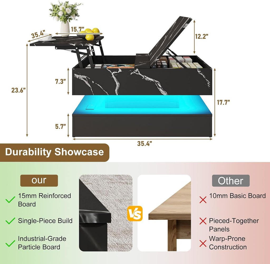 35.4' Large Square Coffee Table with Lifting top,Charging Station,Modern 2-Tier Square Center Table w/Hidden Compartment Storage,Tea Table with Wood Grain for Living Room, Office,Black Marble