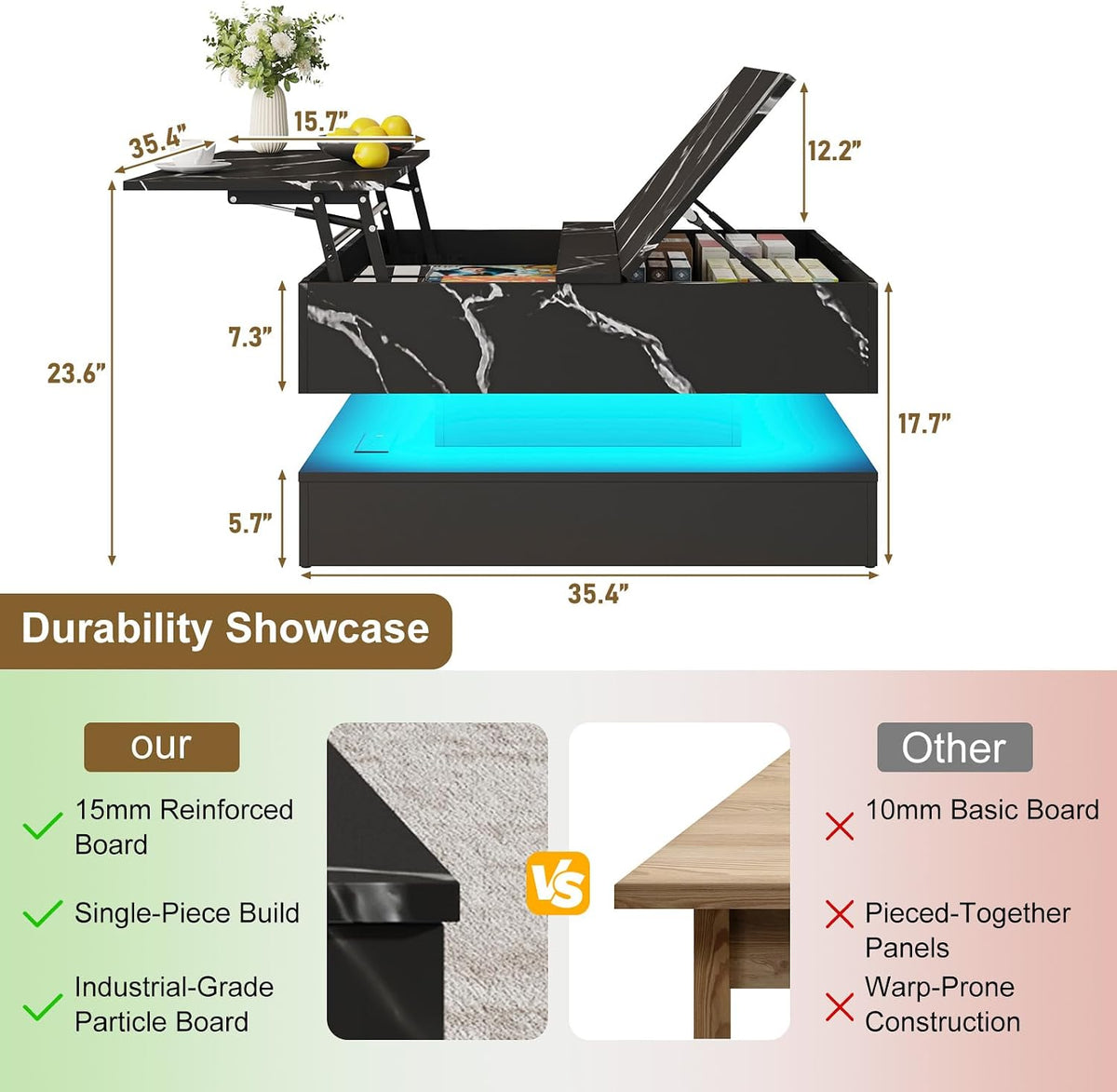 35.4' Large Square Coffee Table with Lifting top,Charging Station,Modern 2-Tier Square Center Table w/Hidden Compartment Storage,Tea Table with Wood Grain for Living Room, Office,Black Marble