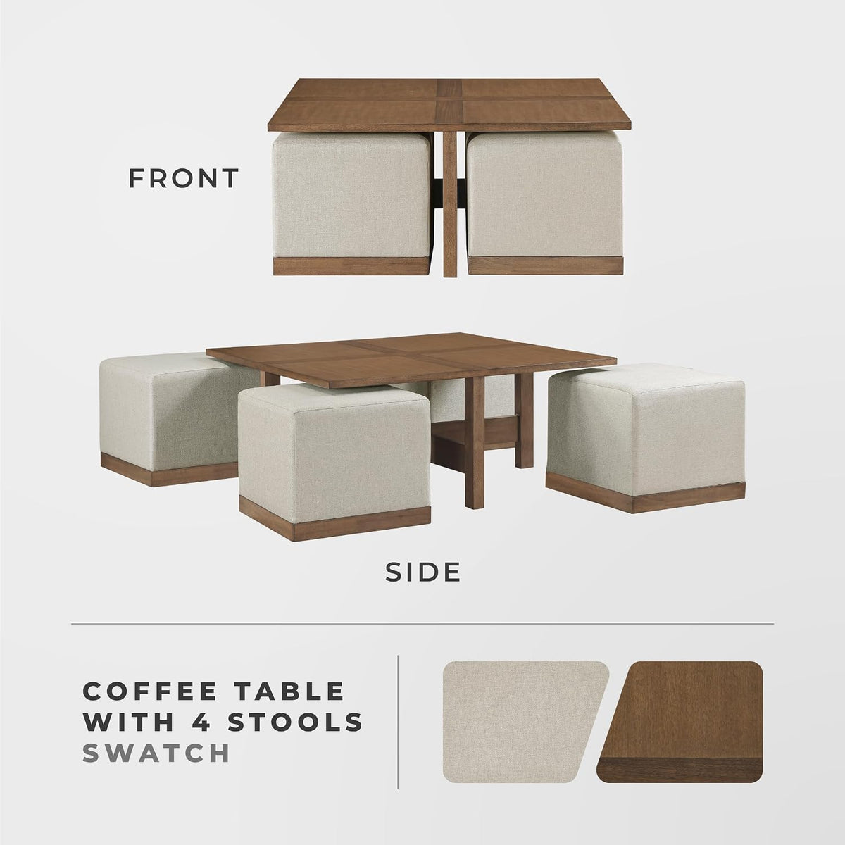 Lexicon 44' Square Coffee Table with 4 Upholstered Stools, Maple Veneer Wood Cocktail Table, Gray Upholstered Stools with Casters, Modern Living Room/Apartment Centerpiece, Full Assembled, Brown