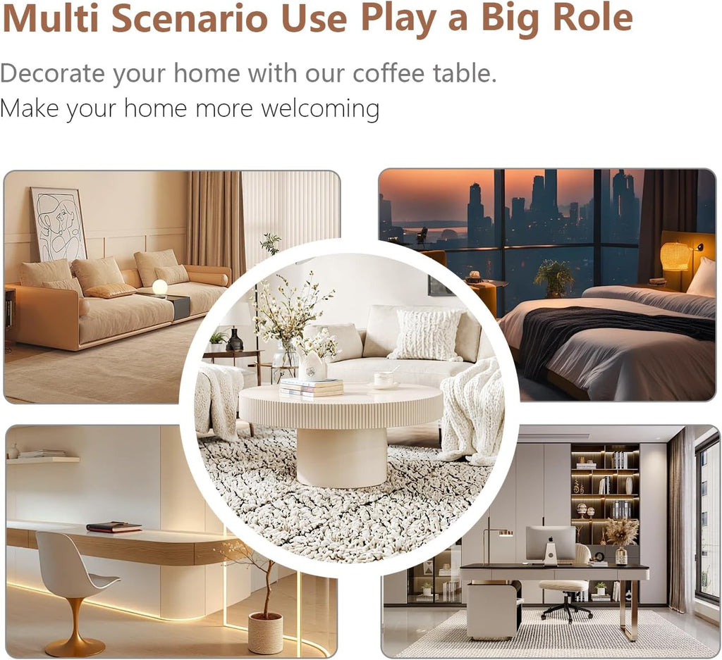 Round Coffee Table Farmhouse Coffee Table with Handcrafted Relief Circle Drum End Table for Apartment Living Room (White Thin)