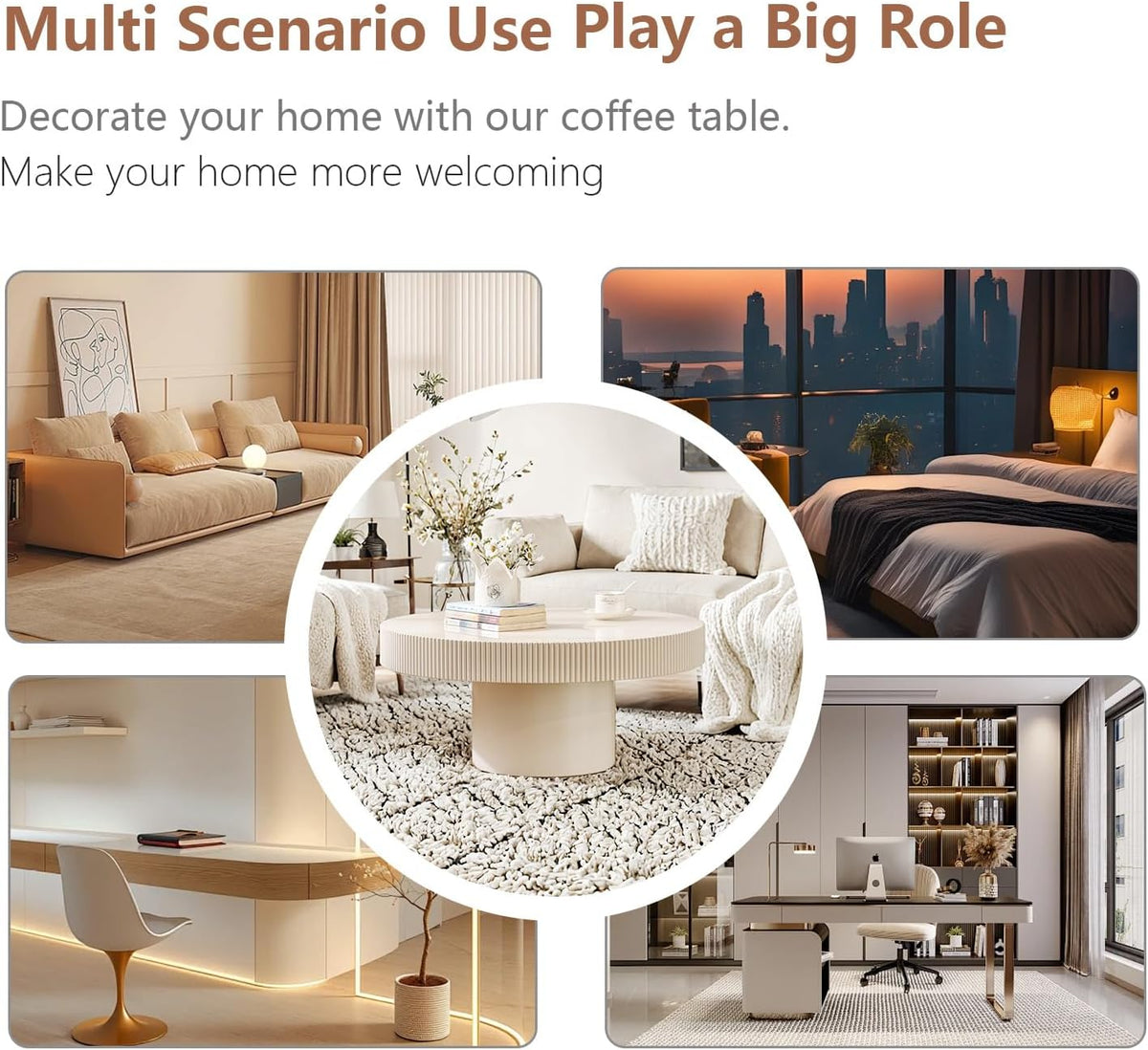 Round Coffee Table Farmhouse Coffee Table with Handcrafted Relief Circle Drum End Table for Apartment Living Room (White Thin)