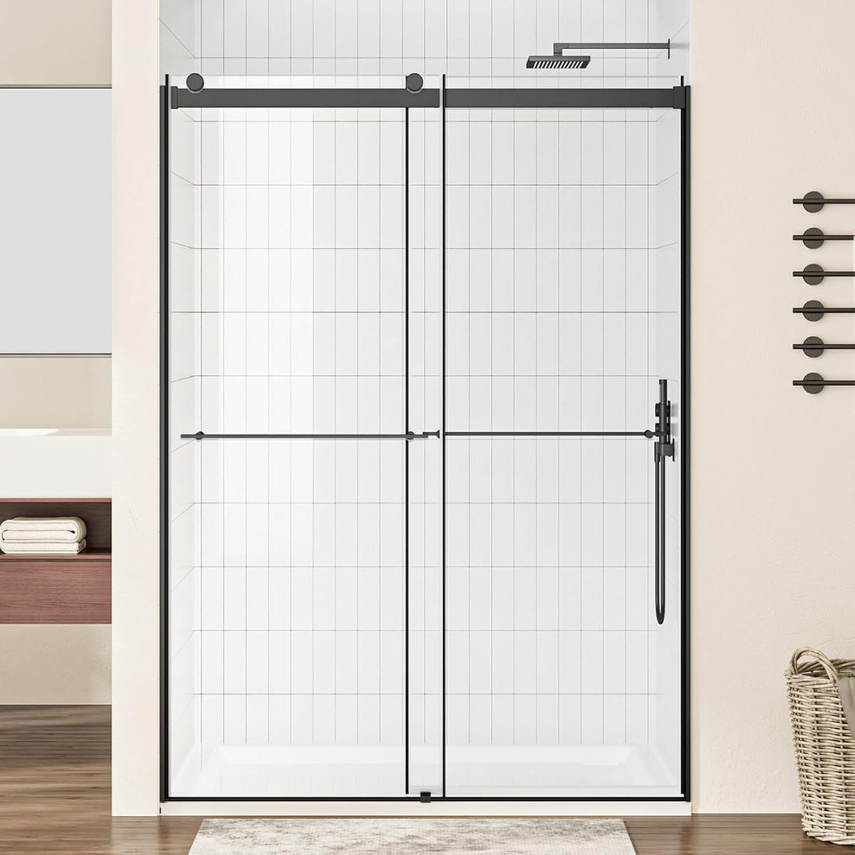 Bathbliss Frameless Sliding Shower Door, 48' W×76' H Matte Black Shower Door, 5/16'(8mm) Clear Tempered Glass with Easy-Clean Coating and Towel Holder