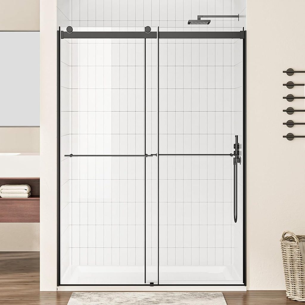 Bathbliss Frameless Sliding Shower Door, 54' W×76' H Matte Black Shower Glass Door, 5/16'(8mm) Clear Tempered Glass with Easy-Clean Coating and Towel Holder