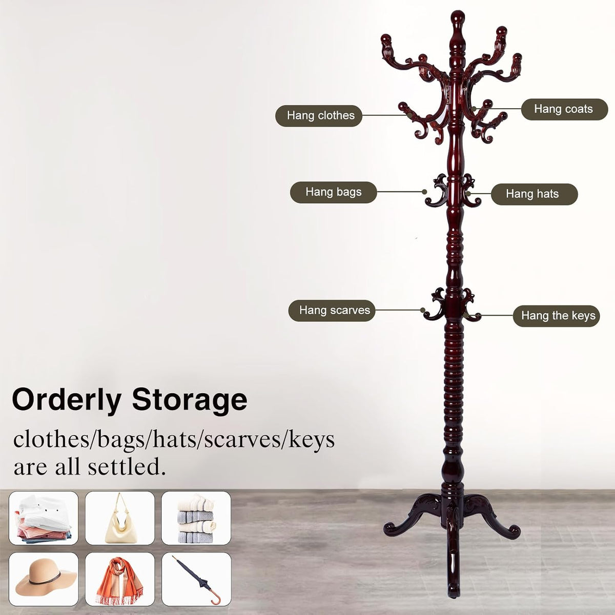 Wooden Coat Rack Freestanding, Hall Tree Hanger With Resin Hooks, Adjustable Heavy Duty Coat Rack for Hanging Clothes Bags Hats in Living Room Bedroom (coat rack, 3 Prong Legs-Rosewood Color)