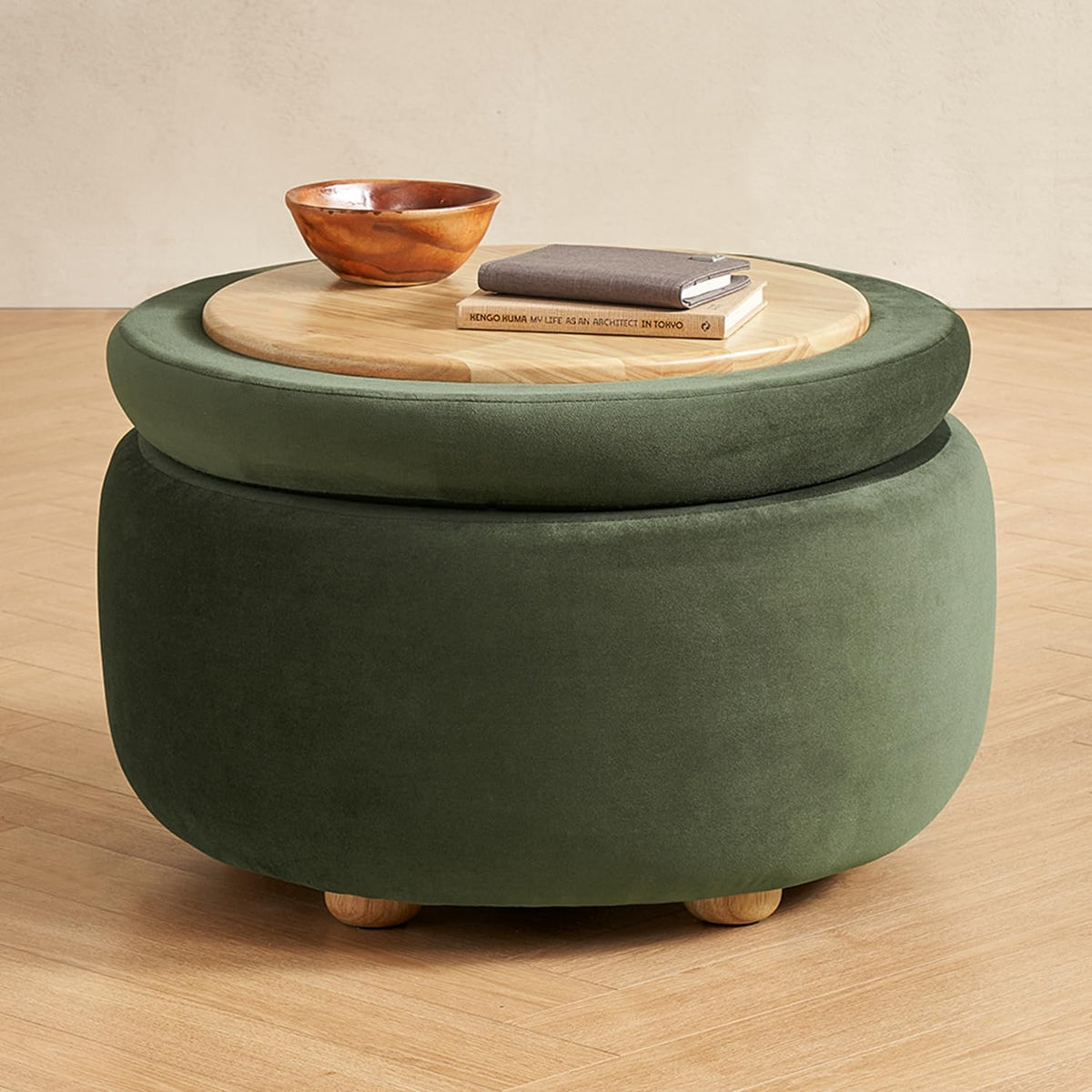 mopio Luna Round Ottoman with Storage and Tray, Round Coffee Table with Storage, Upholstered Foot Stools Ottoman for Living Room, Bedroom, with Solid Rubberwood Legs (Olive Green Premium Velvet)