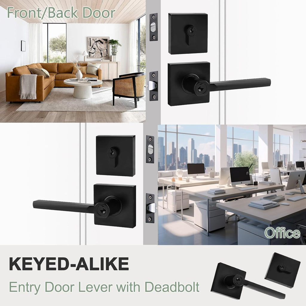 Keyed Entry Door Handle with Single Cylinder Deadbolt, Keyed Alike(Same Keys Only Per Set) Front Door/Exterior Door Lever Lockset, Matte Black, 5 Sets of Locks with 5 Sets of Different Keys