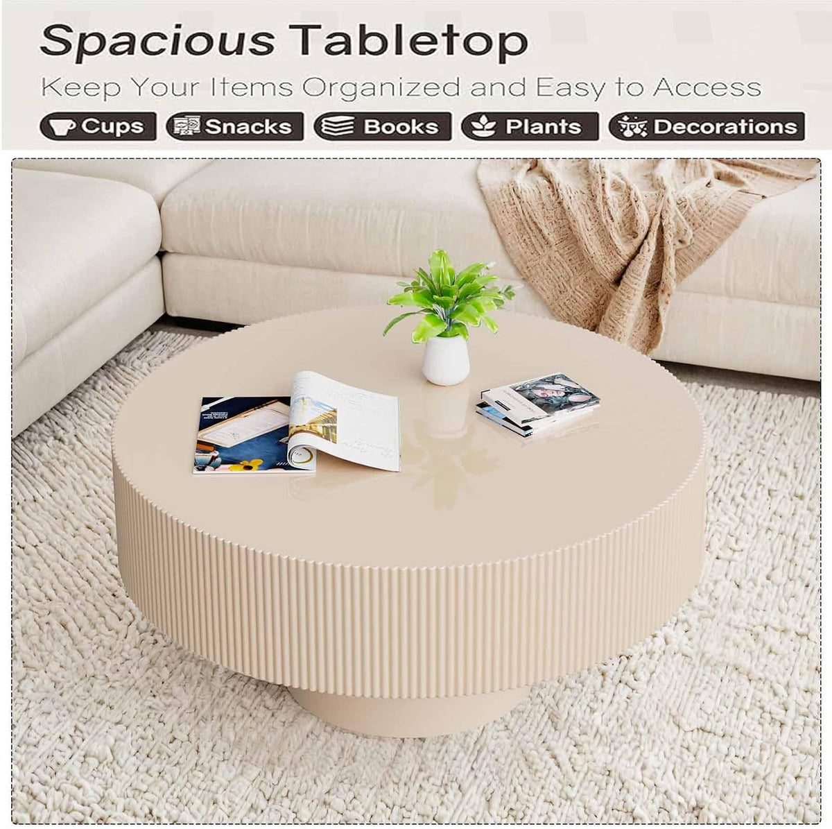 Round Fluted Coffee Table Modern Handcraft Drum Chipboard Wood Center Table, Unique Mid Century Aesthetic Low Coffee Table, for Living Room, Apartment,B
