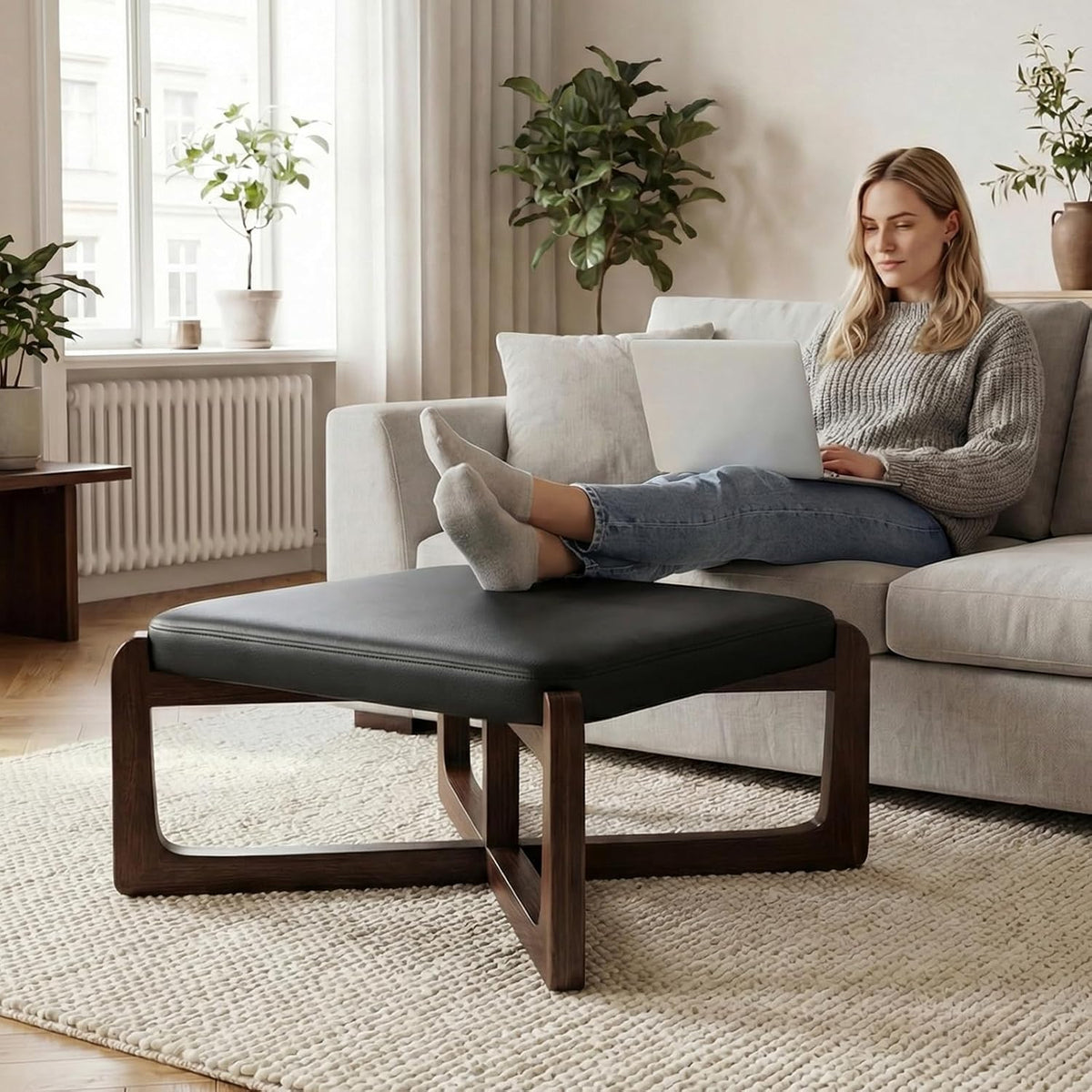 Faux Leather Square Coffee Table Ottoman,24' Coffee Table for Living Room Ottoman,Ash Wood Living Room Table,Small Footstool (Black)