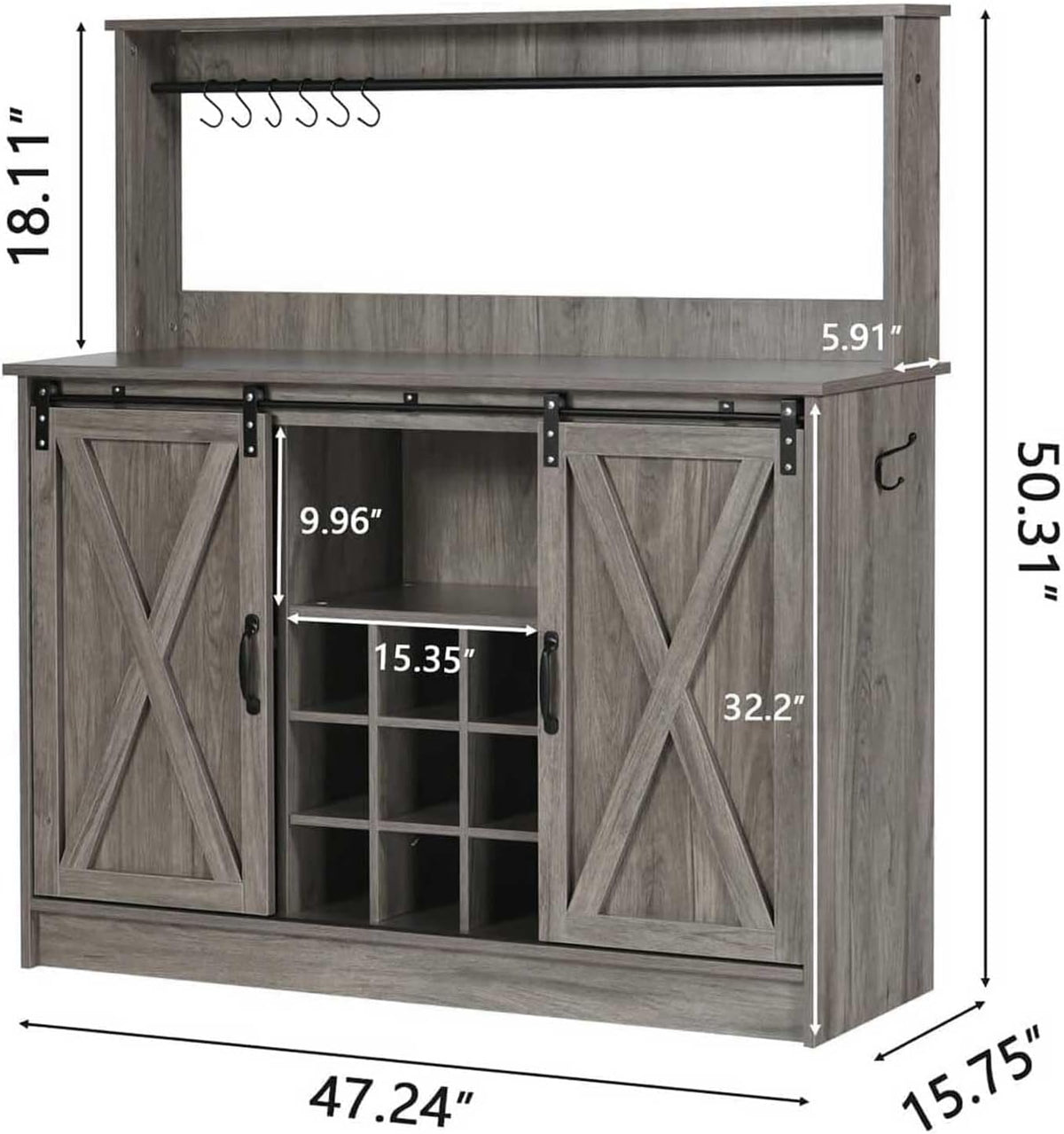 4ever2buy Farmhouse Coffee Bar Cabinet with 9 Wine Racks and 6 Hooks, 47 Inch Wine Cabinet with Storage, Kitchen Buffet Cabinet with Adjustable Shelves for Living Dining Room, Grey