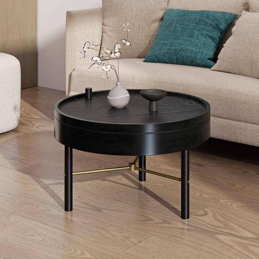 KEVINSPACE 24 Round Wood Coffee Table for Living Room with Storage Space - Rustic Modern Cocktail Table with Rotating Tray, Vintage Farmhouse Black