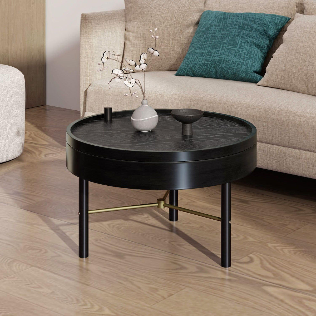 KEVINSPACE 24 Round Wood Coffee Table for Living Room with Storage Space - Rustic Modern Cocktail Table with Rotating Tray, Vintage Farmhouse Black
