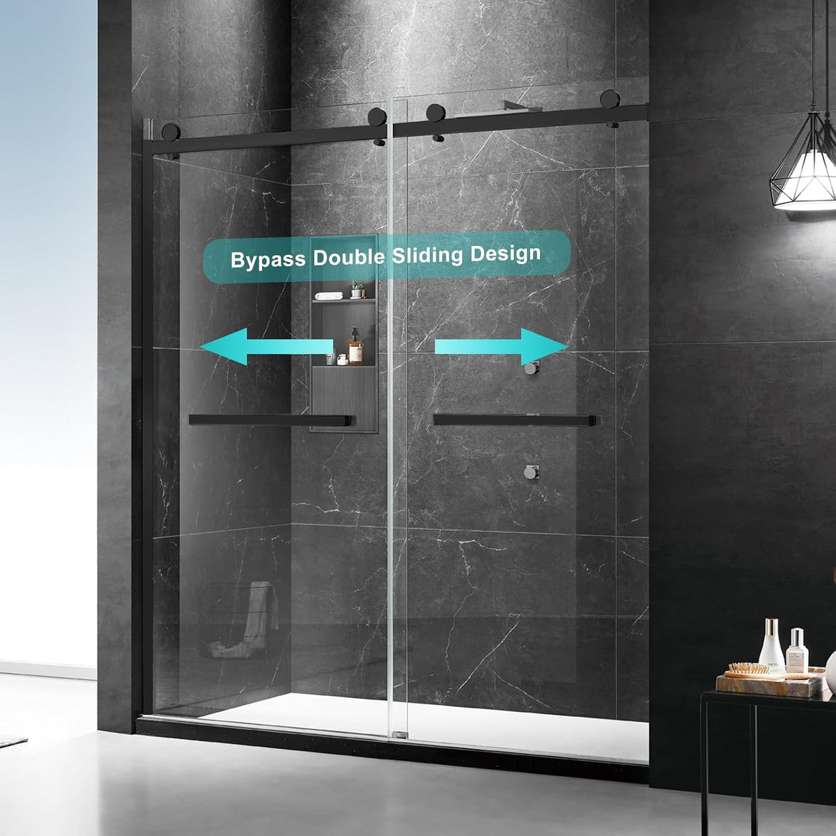 Milano Double Sliding Shower Door, 44-48 in.W x 74 in.H Framed Shower Door 5/16'(8mm) Clear Tempered Glass, 18 inch Pull Handle, Stainless Steel Hardware, Matte Black Finished