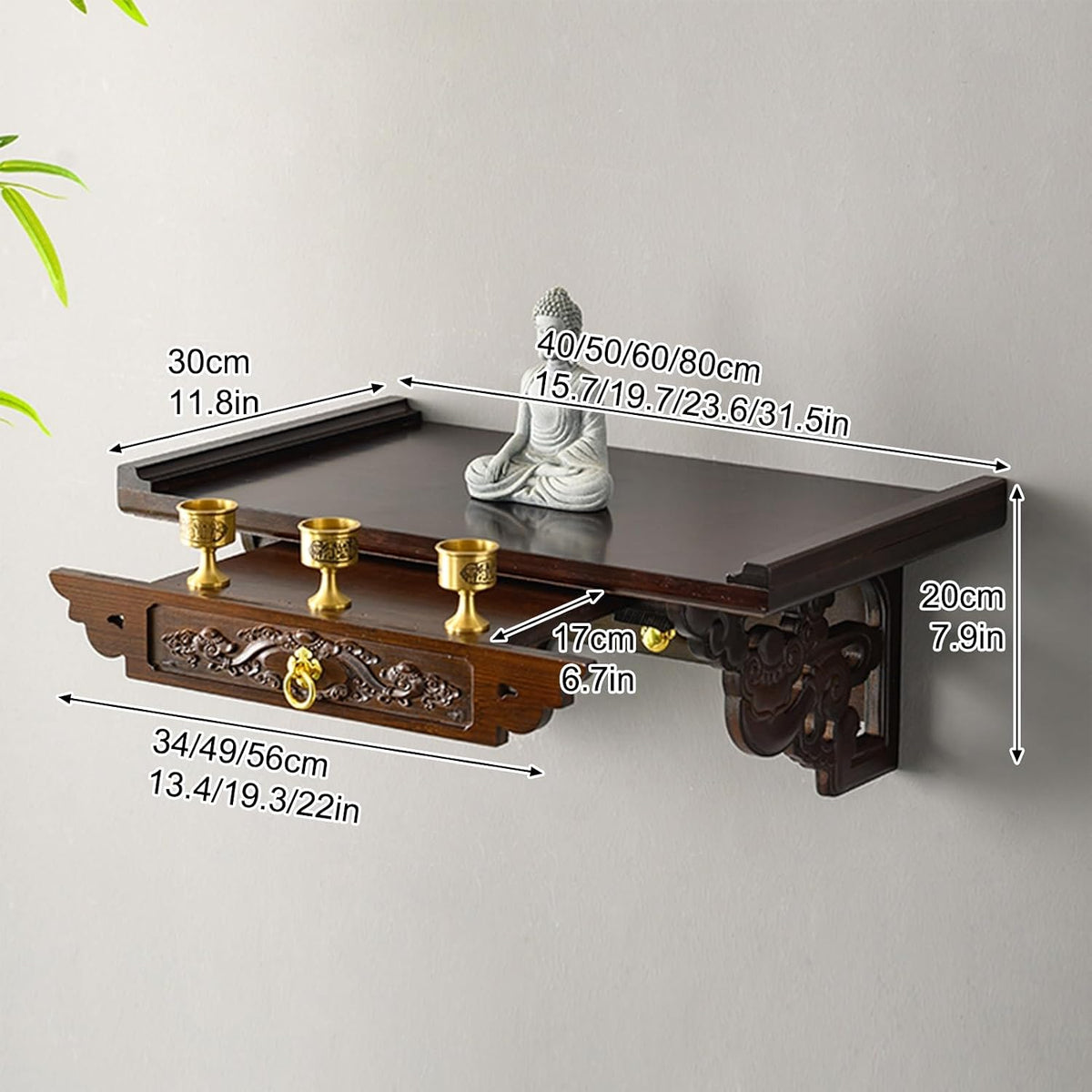 Wall-Mounted Buddha Altar Shelf, Wooden Altar Table, Temple Buddha Shrine, Meditation Table, Chinese Fengshui Statue Display Shelf, for Living Rooms, Shrines, Temples(40x30x20cm/15.7x11.8x7.9in)