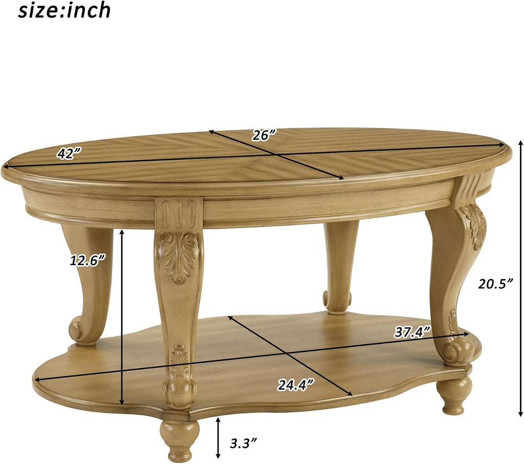 Oval Coffee Table, 42 Inch Wood Center Table with Carved Legs 2-Tier Natural Wood Cocktail Table, Vintage Victorian Coffee Table for Living Room,Antique Natural