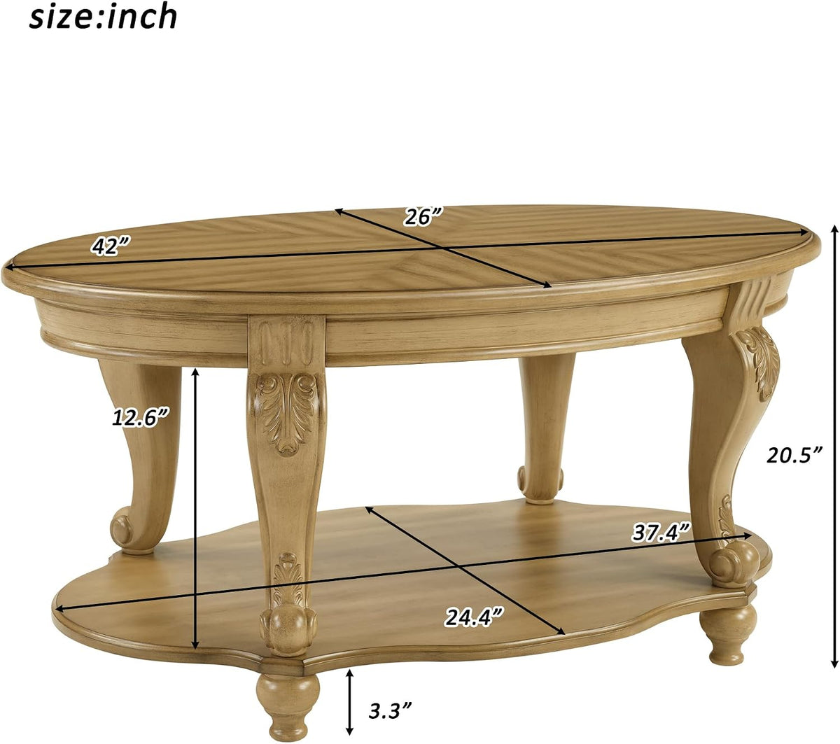 Oval Coffee Table, 42 Inch Wood Center Table with Carved Legs 2-Tier Natural Wood Cocktail Table, Vintage Victorian Coffee Table for Living Room,Antique Natural
