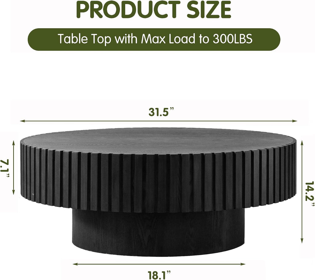 Round Drum Coffee Table 31.5'' Handcraft Fluted Coffee Table Modern Unique Circle Accent Center Table for Living Room with Sturdy Pedestal Gear Easy Assembly for Small Space,31' Round Black